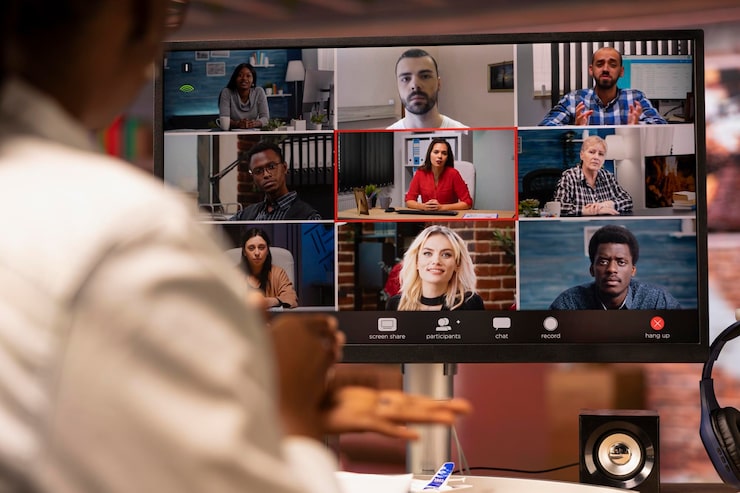 Pessoa em teletrabalho, numa videochamada com colegas